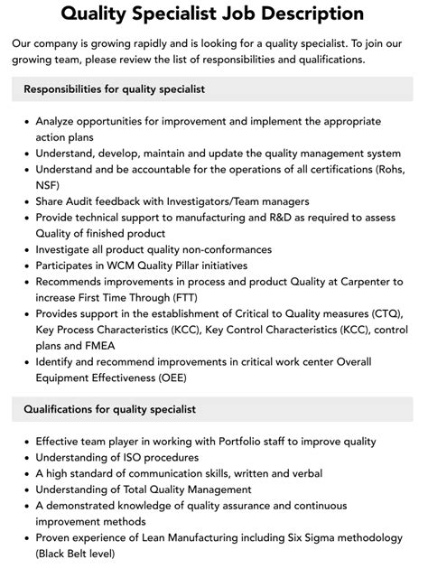 what are the responsibility of a quality specialists